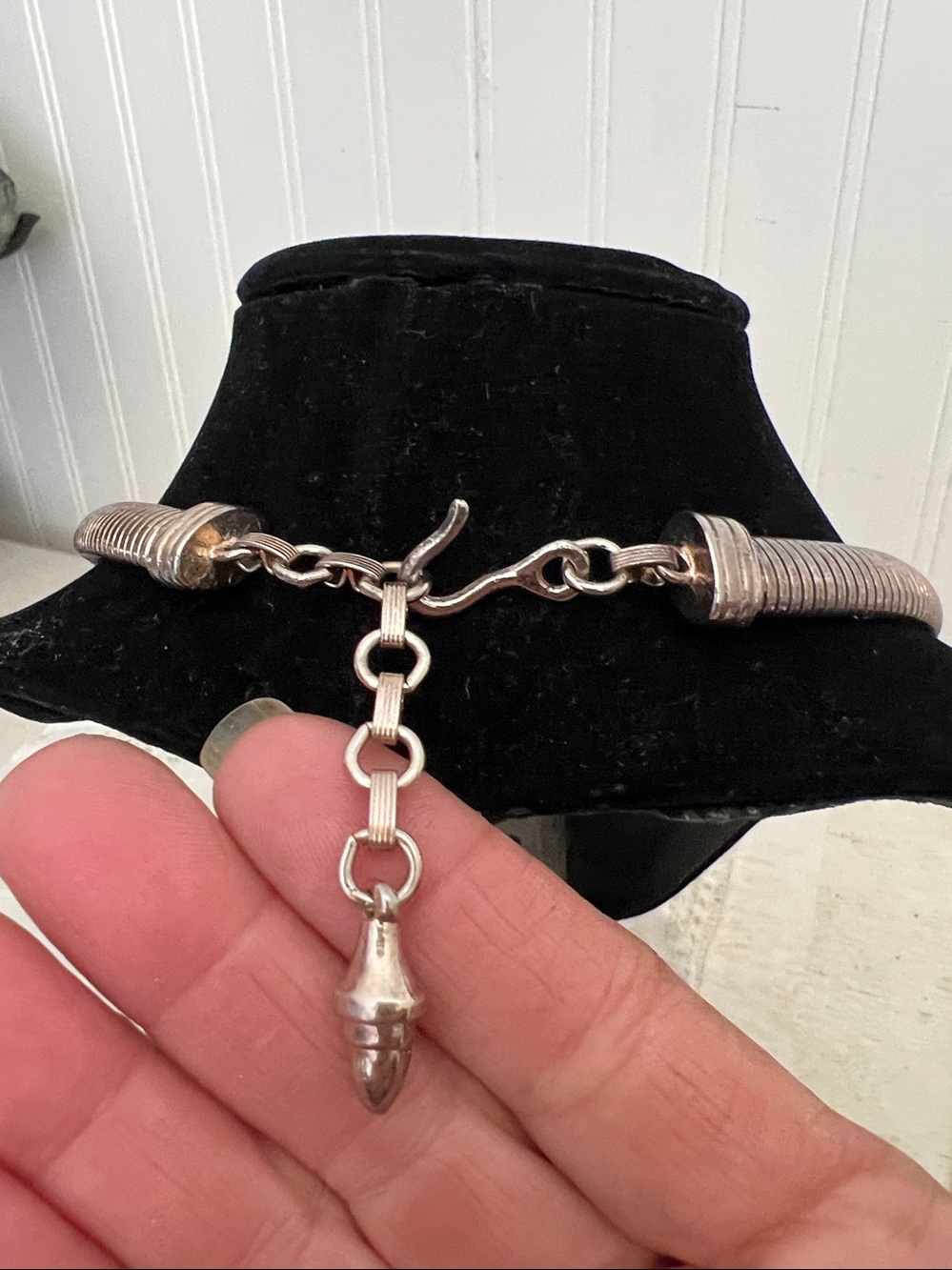 Heavy Vintage Silver tone Omega choker with dangle charm clasp